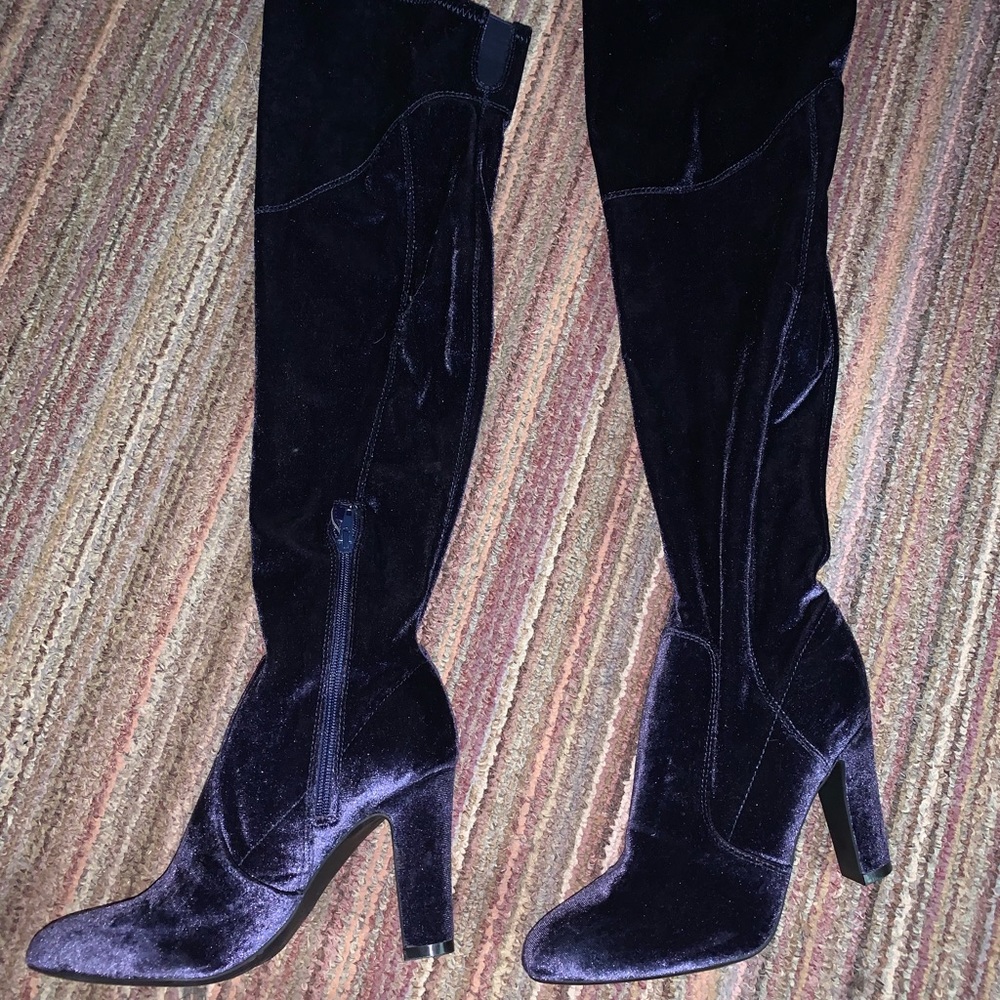 Blue Crushed Velvet Knee-high Boots